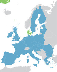 Naklejka premium Europe and European Union map with indication of Denmark