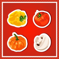 Set of vector vegetables. Isolated vegetables. Fresh and healthy food. Diet. Bright, juicy vegetables on a red background. Tomato, yellow pepper, mushroom, pumpkin. Stickers, decals.