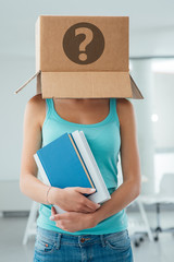 Insecure female student with a box on her head