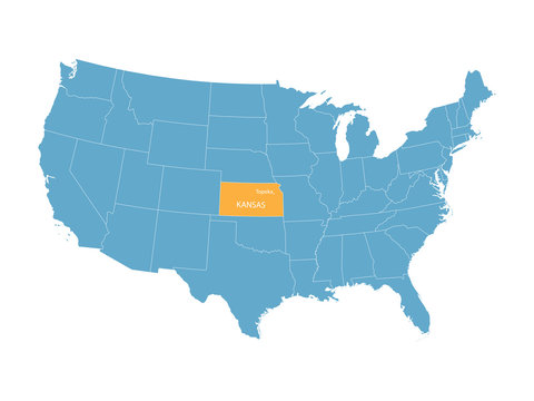 blue vector map of United States with indication of Kansas