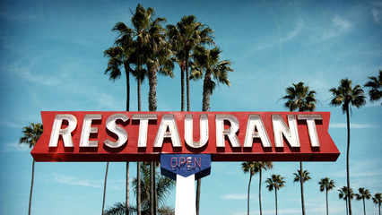 aged and worn vintage photo of neon restaurant sign with palm trees - Powered by Adobe