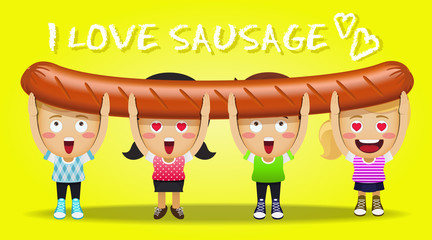 happy people carrying big grilled sausage