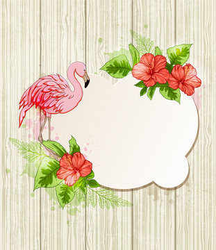 Tropical flowers and pink flamingo