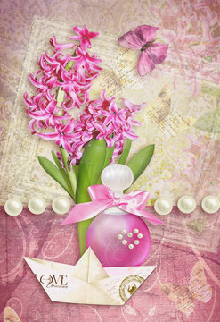 Postcard flower. Congratulations card with butterfly, pearls, hyacinth, perfume bottle and paper boat. Can be used as greeting card, invitation for wedding, birthday and other holiday happening.