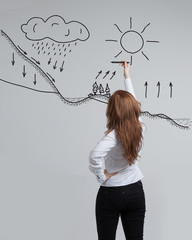 Woman drawing schematic representation of the water cycle in