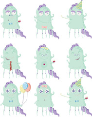 Set of funny green monster at birthday party