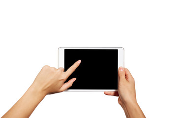 Woman hands holding contemporary generic tablet pc with blank sc