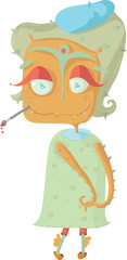 Cute strange monster with a painting brush, vector illustration,
