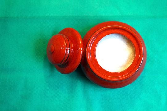 Red Sugar Bowl With Sugar And Sugar Bowl Cap