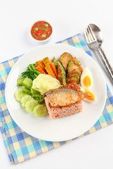 fried mackerel with shrimp paste sauce (nam prik kapi pla too)