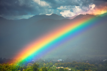 Rainbow day. Beautiful bright rainbow in the sky after the heavy rain.  - 90138555