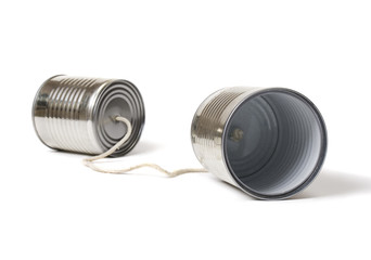 Tin can phone isolated on white background