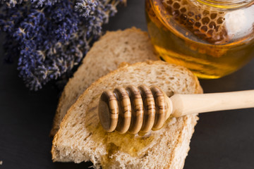 Bread and jar of lavender honey