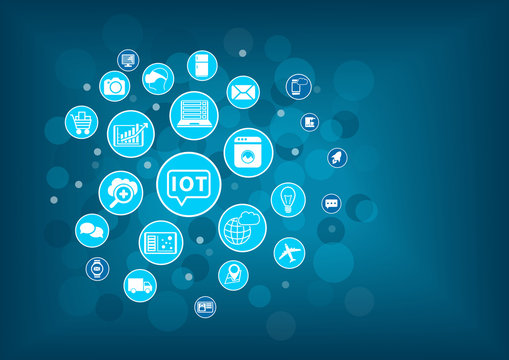 IOT internet of things concept. Blurred background with icons of connected objects and devices.