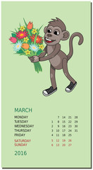 Vertical calendar with a monkey on March 2016
