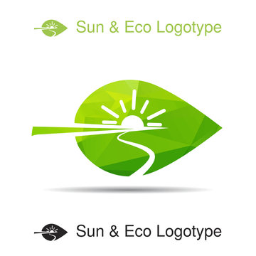 Ecology logotype, icon and nature symbol: sun, river