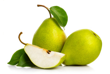 Ripe green pears isolated with leaves isolated
