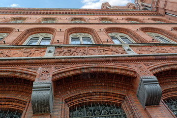Facade of Red Town Hall (Rotes Rathaus) in Berlin, Germany - view from below