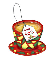 Packed tea brewed in a bright cup on a saucer. Colorful cup and saucer with tea bag isolated on white background.