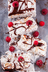Semifreddo with meringue, raspberries and chocolate sauce.selective focus