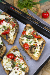 delicious bruschetta with tomatoes, cheese and mushrooms