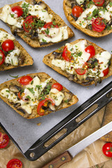 delicious bruschetta with tomatoes, cheese and mushrooms