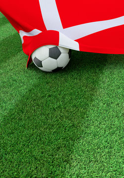 Soccer ball and national flag of Denmark,  green grass