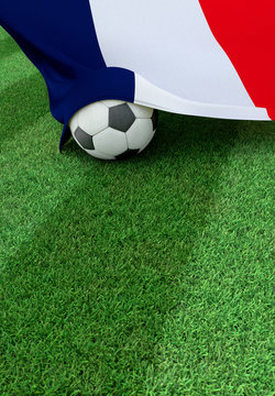 Soccer ball and national flag of France,  green grass