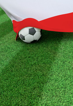 Soccer ball and national flag of Poland,  green grass