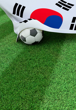 Soccer ball and national flag of South Korea,  green grass
