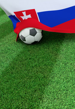 Soccer ball and national flag of Slovakia,  green grass