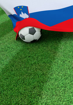 Soccer ball and national flag of Slovenia,  green grass