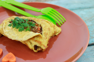 stuffed omelette, Omelet with vegetable salad and Heart-shaped c