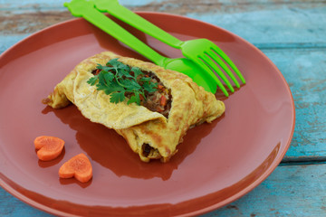stuffed omelette, Omelet with vegetable salad and Heart-shaped c