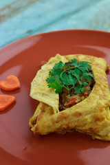 stuffed omelette, Omelet with vegetable salad and Heart-shaped c
