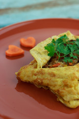 stuffed omelette, Omelet with vegetable salad and Heart-shaped c