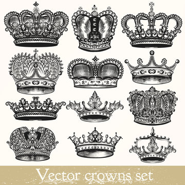 Set of vector hand drawn crowns in vintage style