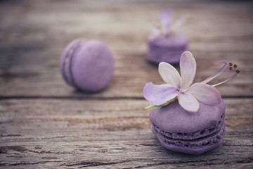 Fototapeta na wymiar French macaroons with purple flowers