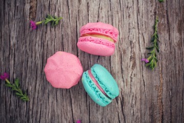 French macaroons with pink flowers