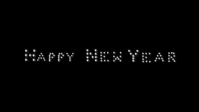 Happy New Year in block letters with white sparkles on black.