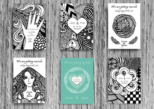 Set of hand drawn zentangle on A4 template for print. Wedding card design template