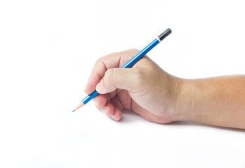 Pencil in man hand isolated on white background.