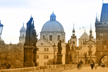Fototapeta na wymiar Two-color toned postcard with view of Prague