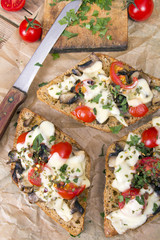 delicious bruschetta with tomatoes, cheese and mushrooms