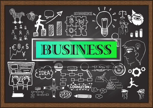 Hand drawn BUSINESS on chalkboard. Business plan
