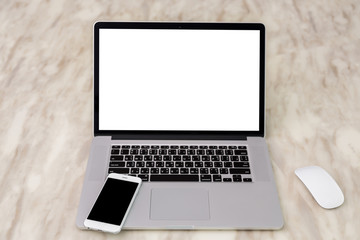 Fototapeta premium laptop with smart phone on table