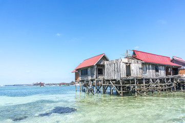 Water bungalows under renovation at Mabul Island in Borneo, Malaysia.