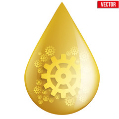 Yellow oil industry drop symbol with gears cogs