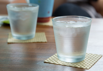 Water in a glass with ice.