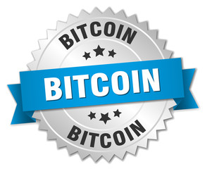 bitcoin 3d silver badge with blue ribbon